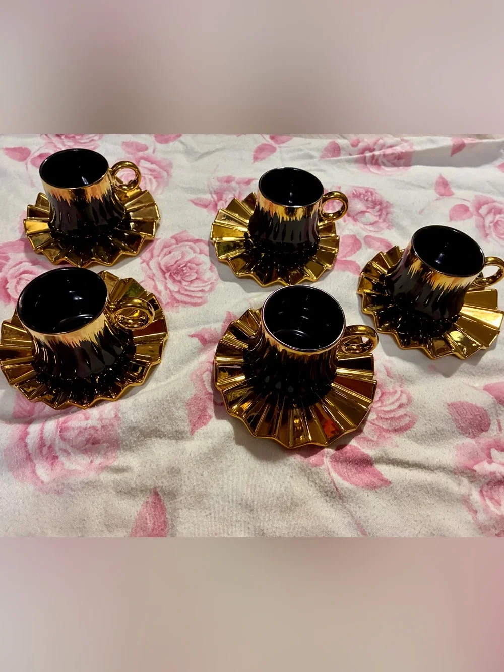 Luxury 5-Piece Black & Gold Ceramic Espresso / Demitasse Cup and Saucer Set